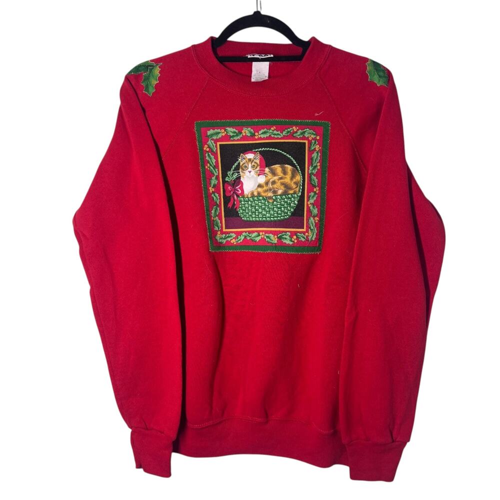 Vintage 90s Lee Made in USA Red Cat Kitty Holiday Ugly Christmas Sweatshirt M